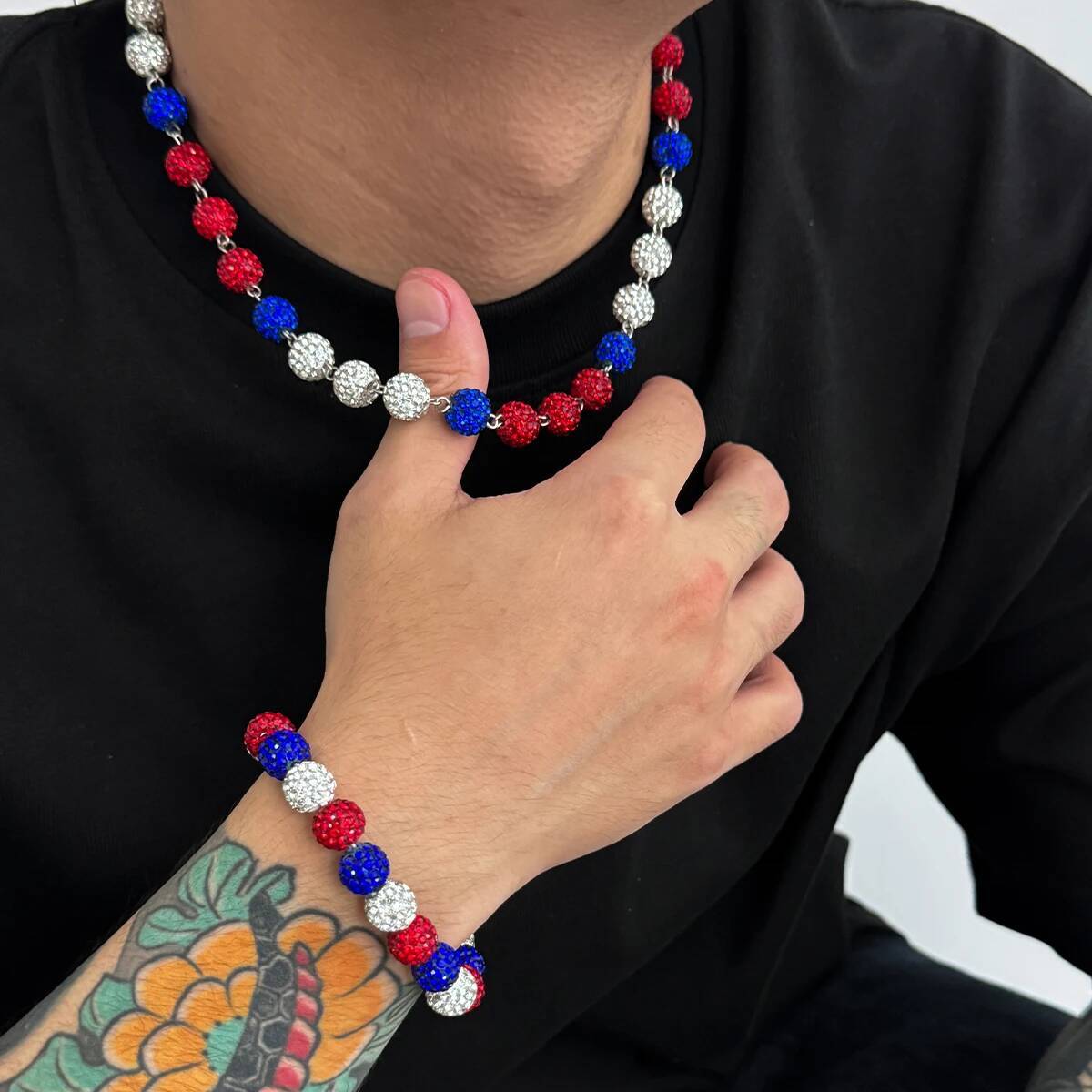 

Ingemark 2Pcs/Set Luxury Rhinestone Beads Chain Necklace Bracelets for Men Hip Hop Chunky Choker Party Jewelry Set Accessories