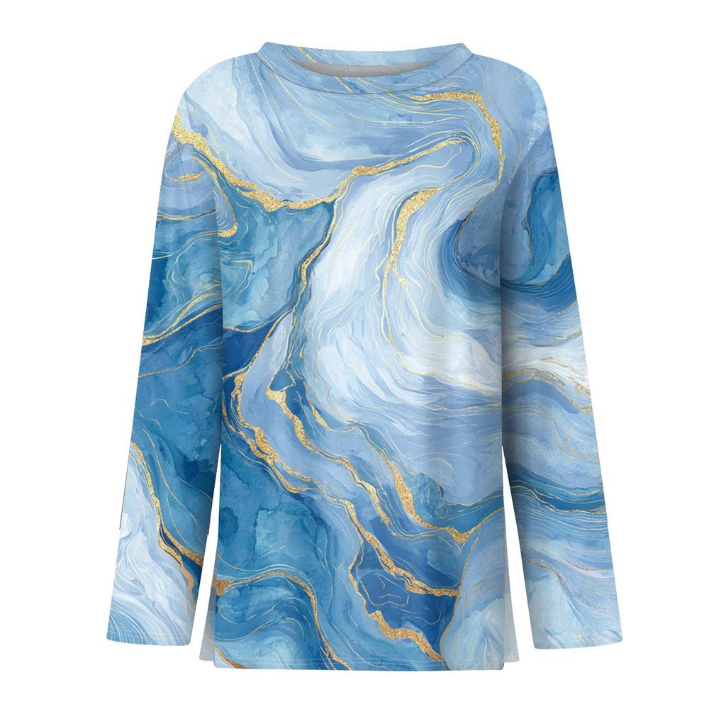 Women's Fashion Hem Slit Casual Floral Print Round Neck Long Sleeve Top