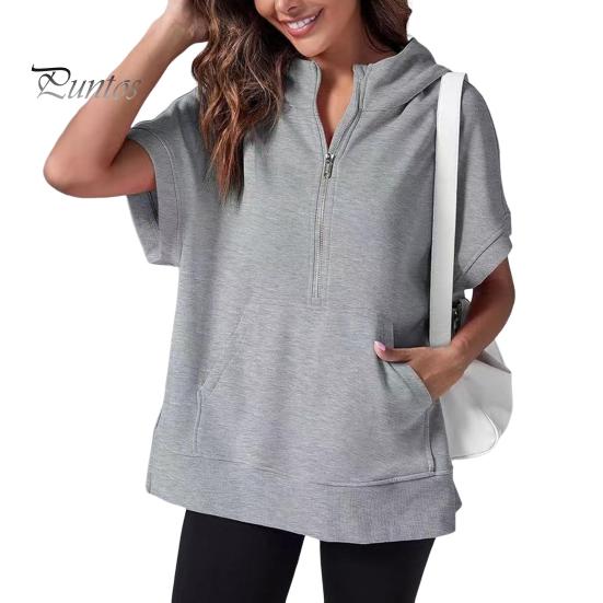 Summer Women Hoodie Half Zipper Short Sleeves Solid Color Pullover Loose with Pocket Casual Daily Wear School Sport Pullover Top Female Clothes