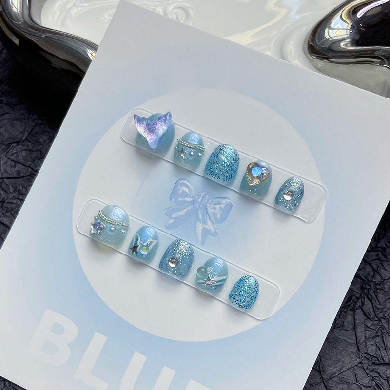 

Handmade Children Wear Nail Girl Ocean Diamond Nail Patch Children Mermaid Mother and Daughter Parent-Child Nail Piece Blue kids medium M