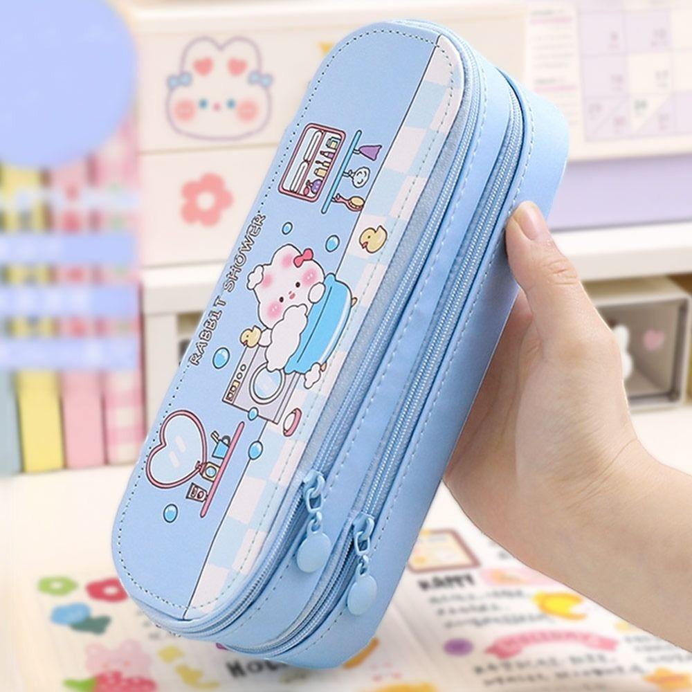 Ins Double Layer Pencil Case Cartoon Design Waterproof Pen Bag Portable Large Capacity Stationery Pouch Student Supplies