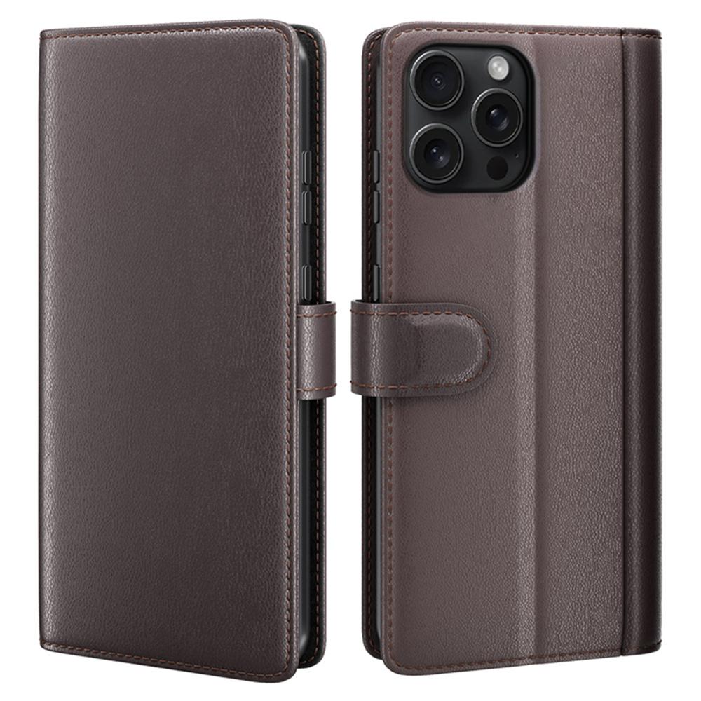 For iPhone 16 Pro Max Stand Cases Calf Texture Genuine Split Leather Wallet Phone Cover