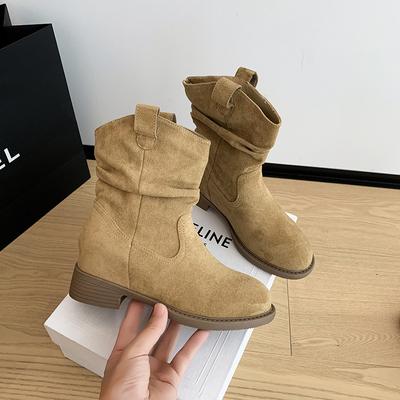 Pile Stiefel Damen 2025 Frühling und Herbst neu Maillard Western Cowboy Stiefel Einzelstiefel mittelhohe Stiefel Martin Stiefel
