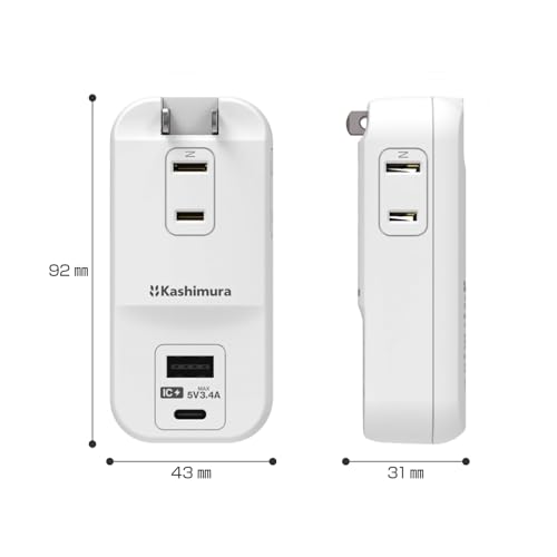 Kashimura [USB-C Equipped! International Compatible/Compact Power Strip] 3 AC + USB-A & C Ports | Rotating Plug for Compact Storage, Ideal for Travel