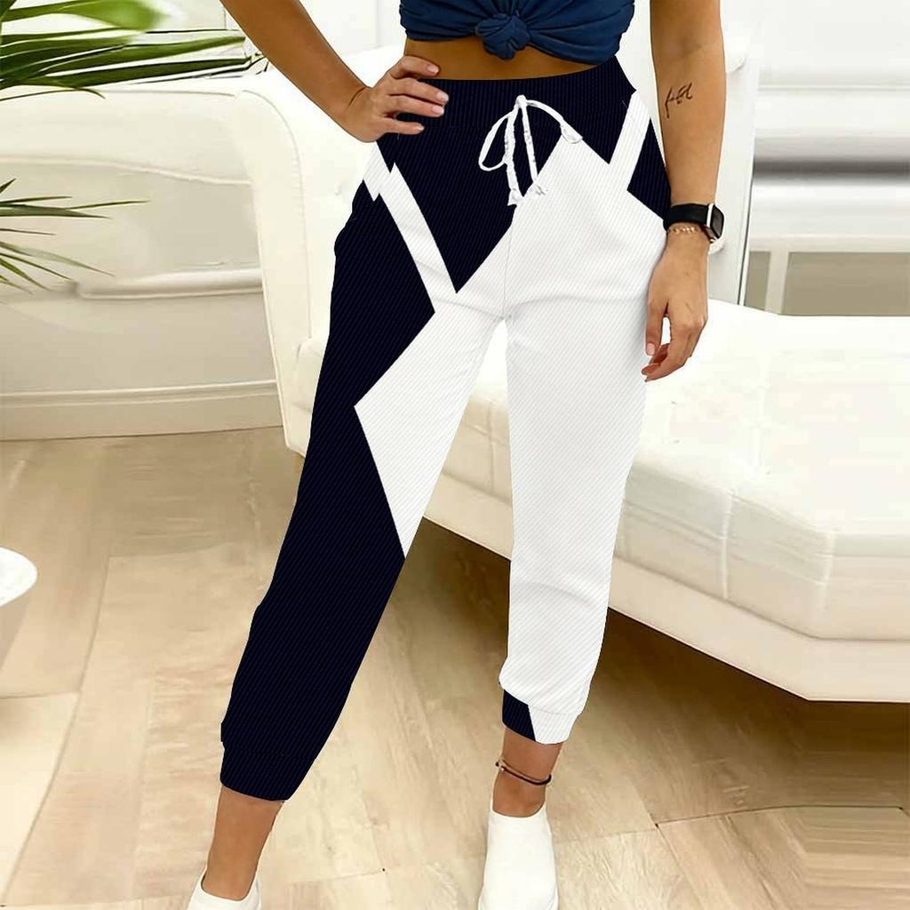 Summer Ladies Geometric Pattern Printed Sweatpants Loose Fit Drawstring Joggers Elastic Cuff Daily Casual Pants