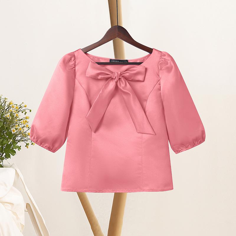 

ZANZEA Women Casual Round Neck Summer Half Sleeve Satin Blouse 5XL розовый