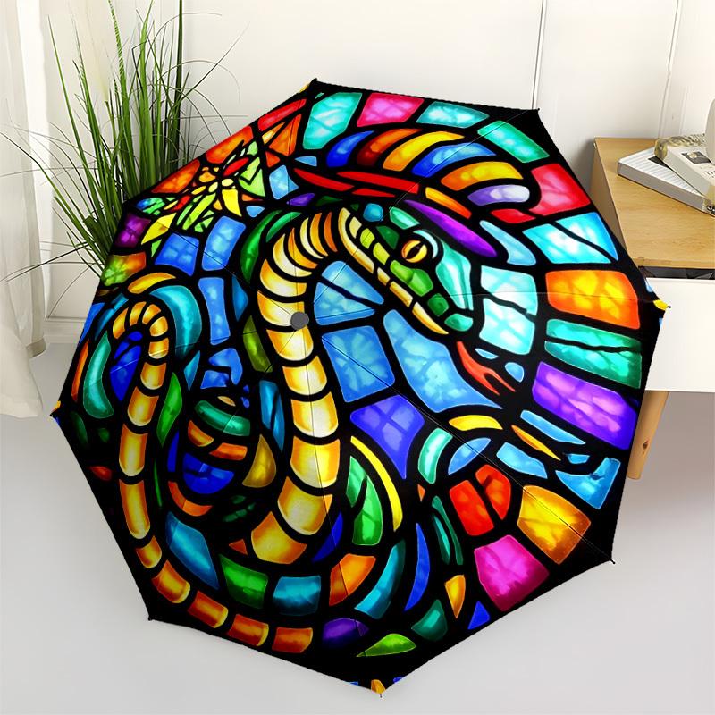 1pc Stained Glass Snake Automatic Folding Umbrella with 8-Rib Windproof Design, Portable Foldable Sunshade Umbrella For Halloween 126