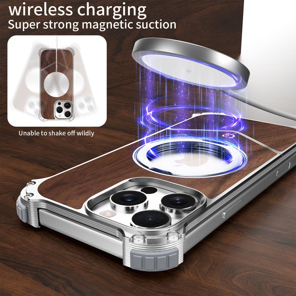 For iPhone 16 Pro Max Magnetic Case Wood + Metal Boardless Phone Back Cover with Ring Kickstand