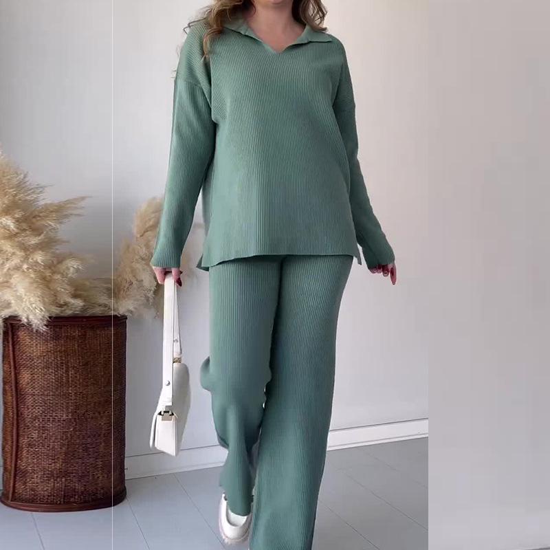 2023 Autumn/Winter European & American Solid Color POLO Collar Casual Slit Sweater Set