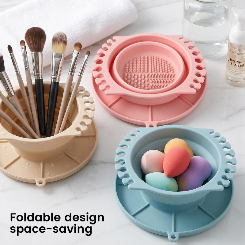 3 In 1 Makeup Brush Cleaner Silicone With Brush Holder Powder Puff Cleaning Bowl Folding Makeup Brush Cleaning Box Travel