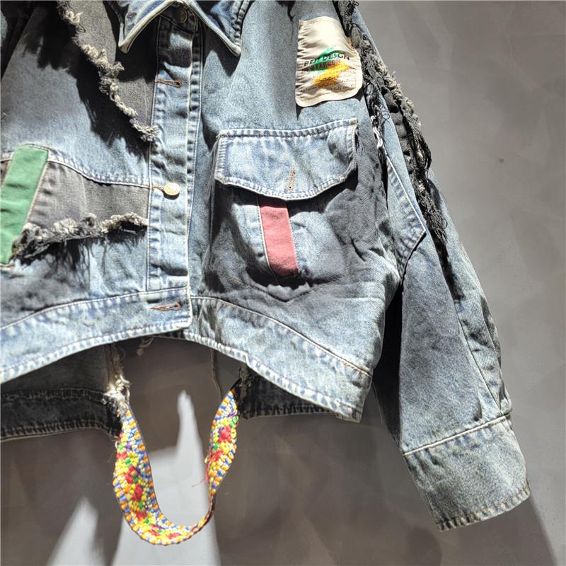 Women's Personalized Trendy Irregular Denim Patch Long-Sleeve Jacket