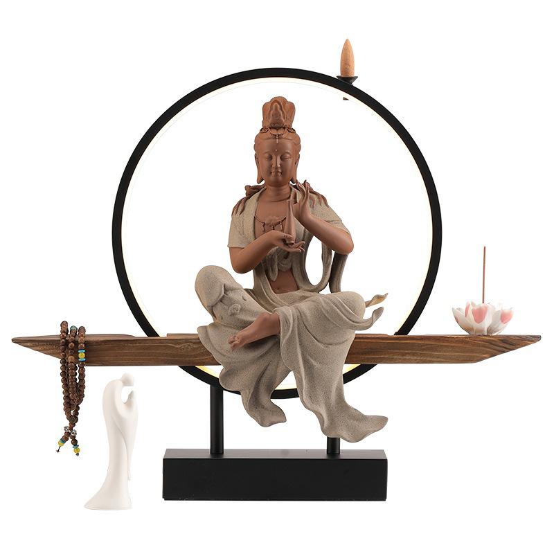 Backflow Incense Burner Ceramic Guan Yin Statue Zen Bodhisattva Figurine Waterfall Smoke Cone Home Office Desk Table Decor