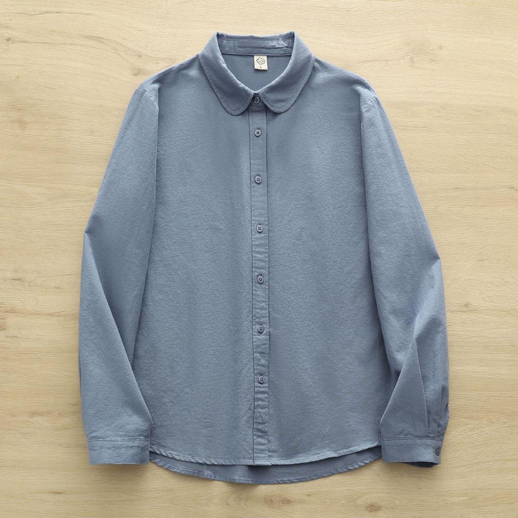 Women's Casual Round Neck Long Sleeve Brushed Cotton Shirt for Winter and Autumn