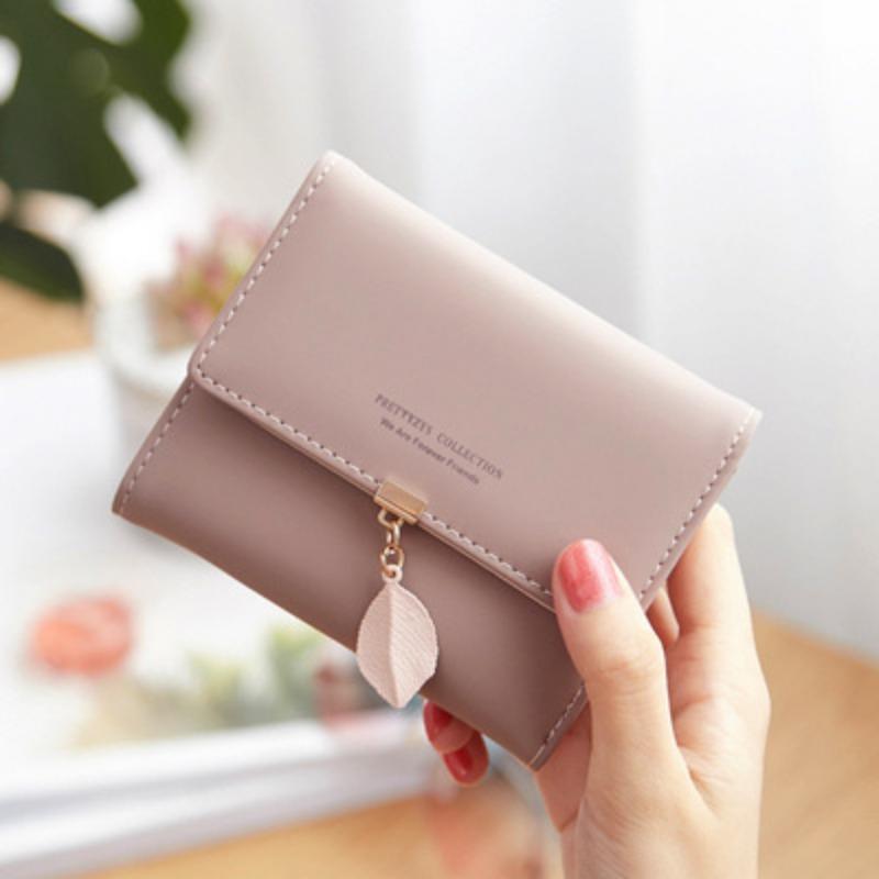 Women Wallets Leaf Pendant Fresh Style Multi-Card Short Wallet, Card Holder, Leather Clip, Coin Purse