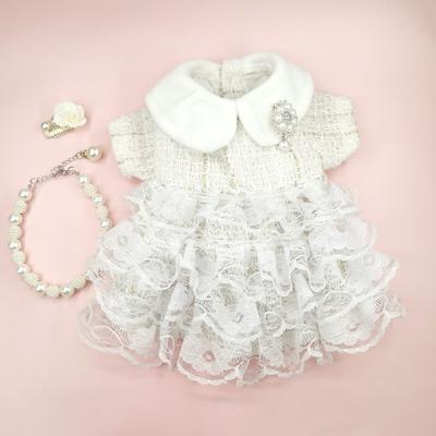 Pet Autumn Woolen Splicing Lace Puff Skirt Plush Coat Dog Bow Dress Teddy Bear Kitten Yorkshire Small Puppy Autumn Winter Dress