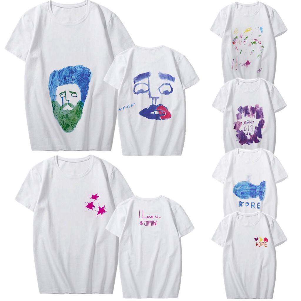 Graffiti Bts Kpop Baumwoll-T-Shirt Suga Jimin V Grafik-Shirt Unisex Paar-Tee S