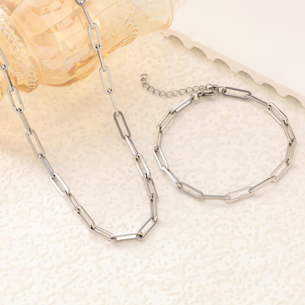 18K Goldplattiertes Edelstahl Paperclip-Ketten Halsketten- und Armband-Set für Damen