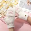 Cute Cartoon Knit Flip Top Gloves Women Warm Half Finger Thermal Winter Gloves Soft  Gloves for School Writing Cycling Use