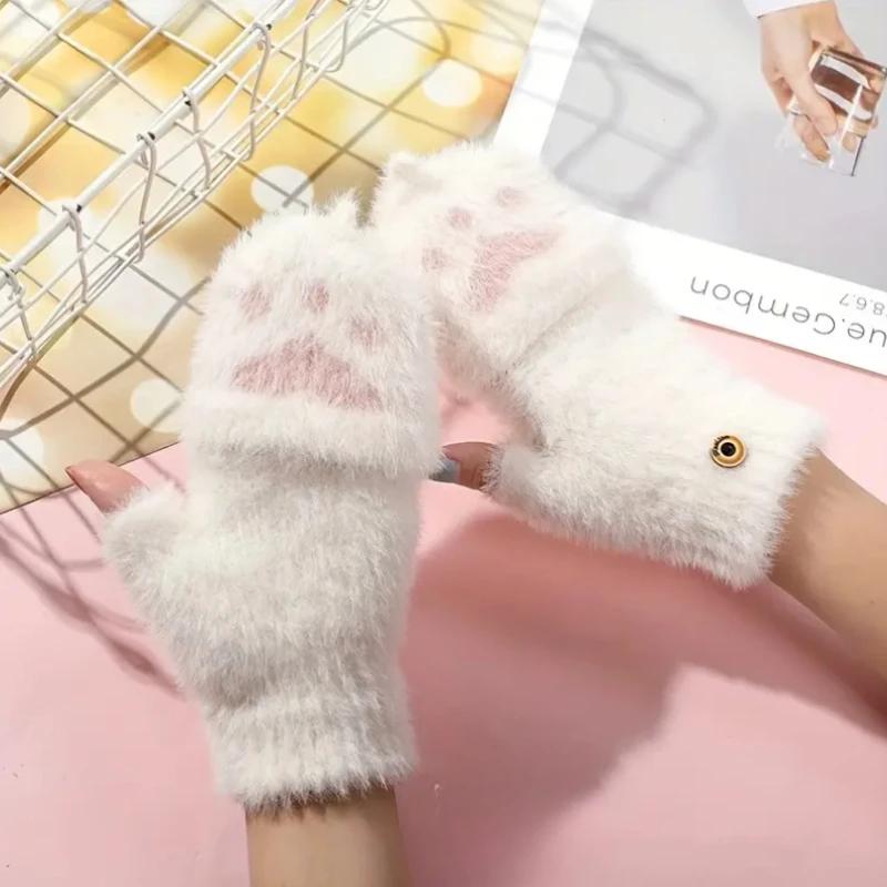 Cute Cartoon Knit Flip Top Gloves Women Warm Half Finger Thermal Winter Gloves Soft  Gloves for School Writing Cycling Use