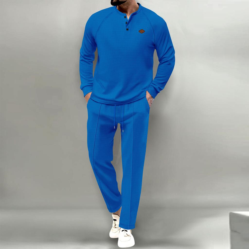 Men's Solid Color Round Neck Three Breasted Casual Sports Long Sleeved Trousers Suit