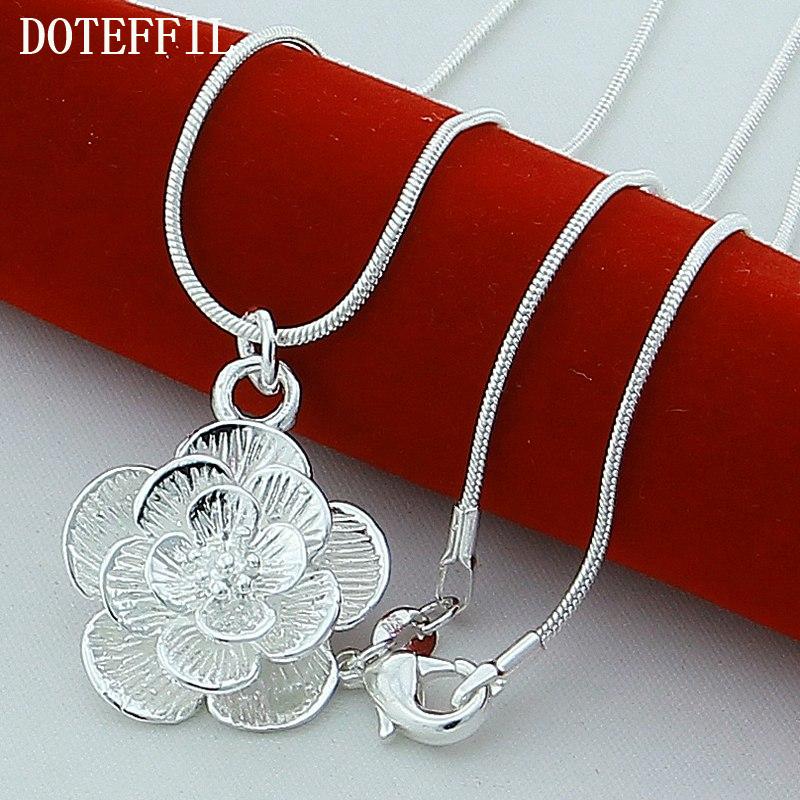 DOTEFFIL 925 Sterling Silver Rose Flower Pendant Necklace 18/20-24/26/30 Inch Snake Chain For Women Wedding Engagement Jewelry