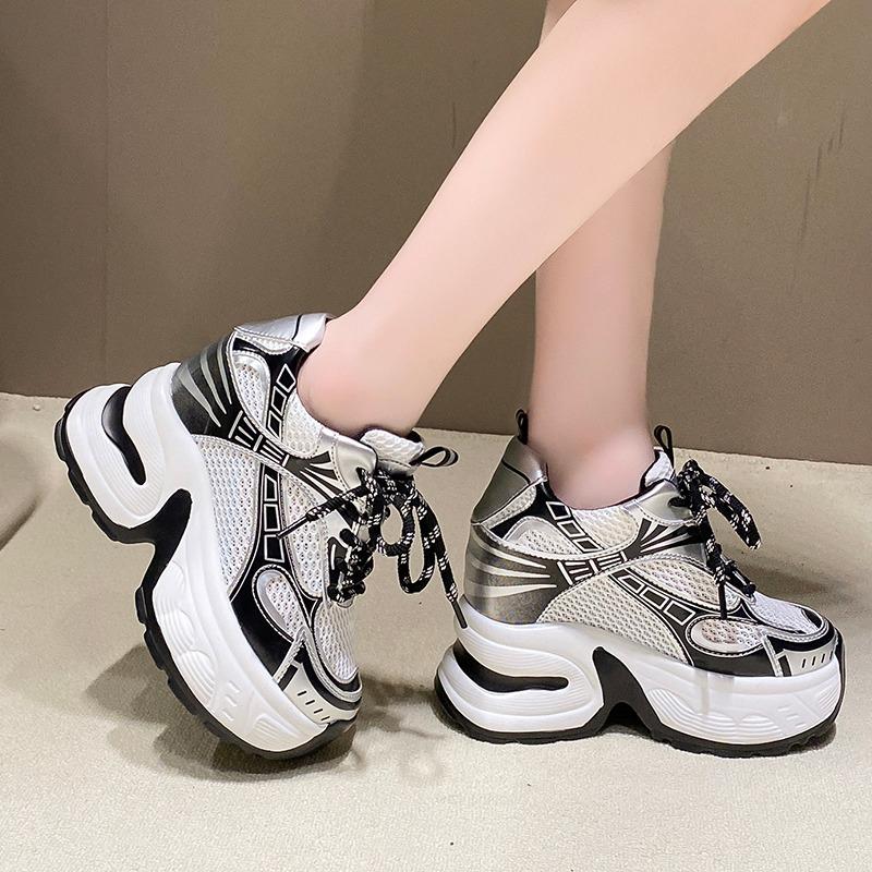 Fashion Spring Autumn Women Chunky Sneakers Breathable Mesh Casual 10.5CM Wedge Heels Platform Footwear Summer Femme Sport Dad Shoes