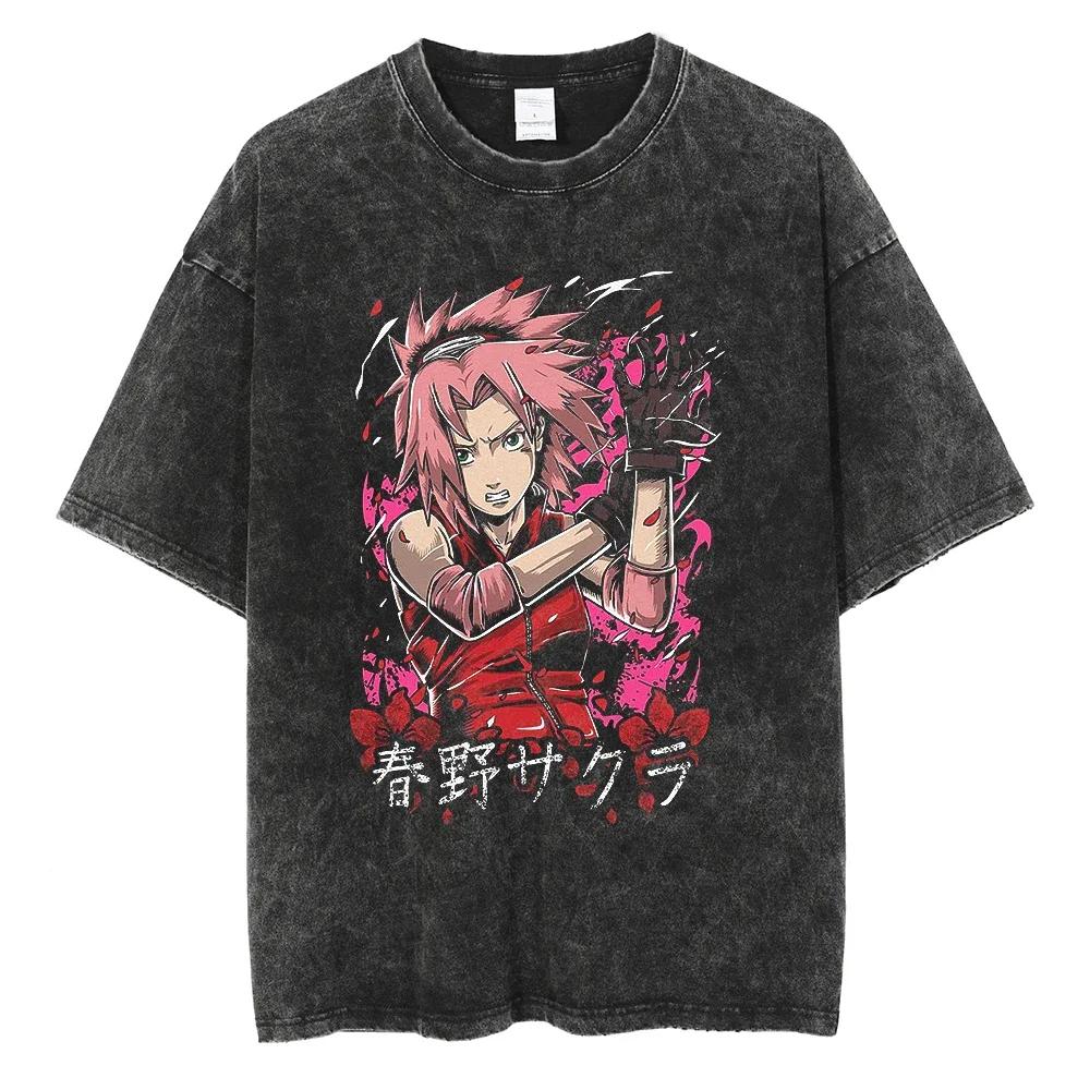 Men Streetwear Tshirt Japanese Anime Naruto Graphic TShirt Cotton Harajuku Washed T Shirt Summer Hip Hop Tops Tees Black