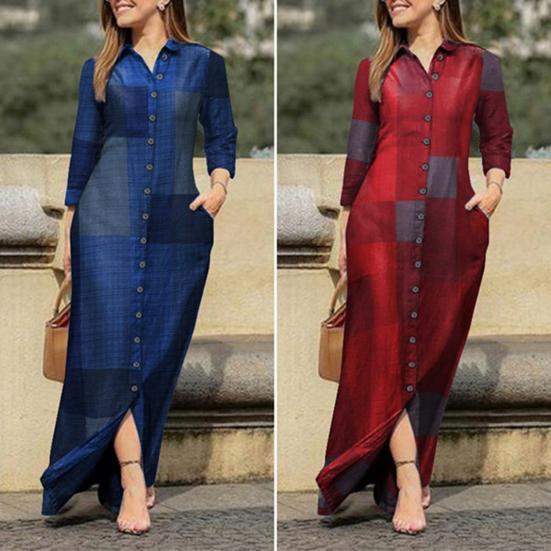 Turn-Down Collar Long Sleeve Women Dress with Pocket Geometry Pattern Single Breasted Shirt