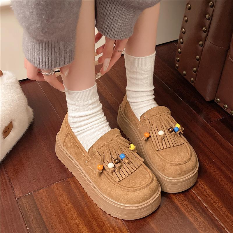 Thick-soled retro fringed beaded Birkenstock small single shoes for women's 2025 autumn new casual and comfortable one-pedal lazy single shoes