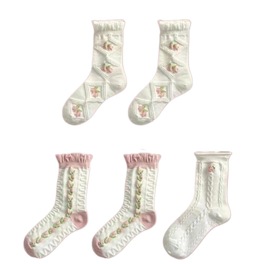 5 Paar Niedliche Spitze Mittelhohe Socken Harajuku Stil Damen Socken Set Weiche Baumwollsocken Herbst Winter