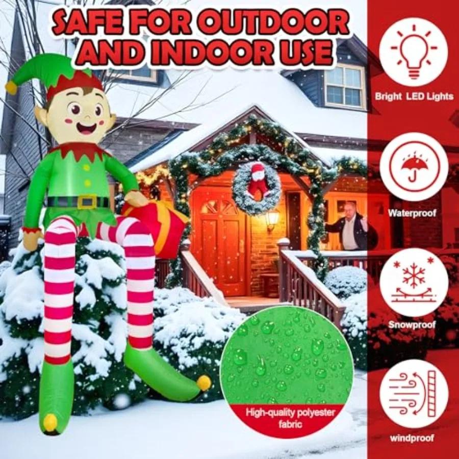 8 FT Świąteczne Dekoracje Nadmuchiwane Zewnętrzne Siedzący Elf Trzymający Torbę z Prezentami Nadmuchiwane Dekoracje Świąteczne z Wbudowanym Światłem LED