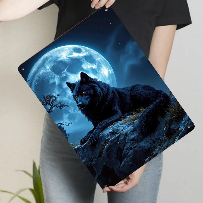 Moonlit Black Wolf Metal Wall Art Decorative Iron Painting for Living Room Home Decoration