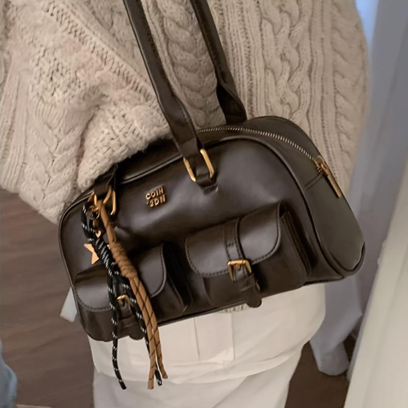 

Stylish Shoulder Bag with Multiple Pockets, Golden-Te Hardware & Letter Print Design Handbags for Women Travel, Work, Outings кавовий