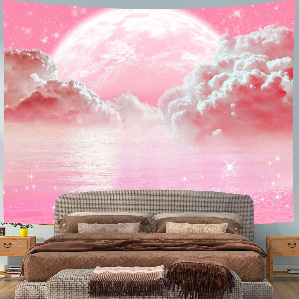 Pink Clouds Sky Tapestry Ocean Moon Stars Nature Landscape Tapestry Fantasy White Cloud Aesthetic Tapestries Wall Hanging for Girls Women Nursery