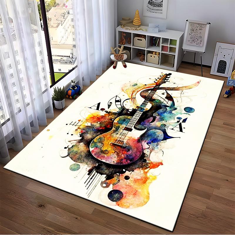 Colorful Artistic Guitar Watercolor Pattern Abstract Music Carpet Design Suitable for Use As an Anti-slip for Living Room Bedroom Sofas