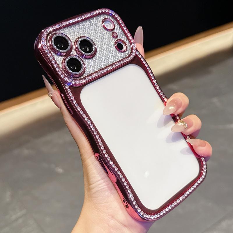 KEYSION Plating Transparent Wavy Rhinestone Phone Case for iPhone 13 14 15 16 17 Pro Max Air 16 Plus Lens Protector Shockproof Cover