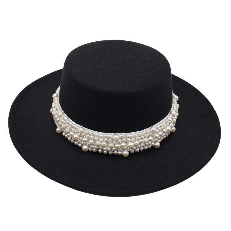 French Pearl Top Hat Women'S Sunscreen Sun Hat Elegant Retro Felt Hat Model Jazz Hat Foreign Woolen Hat