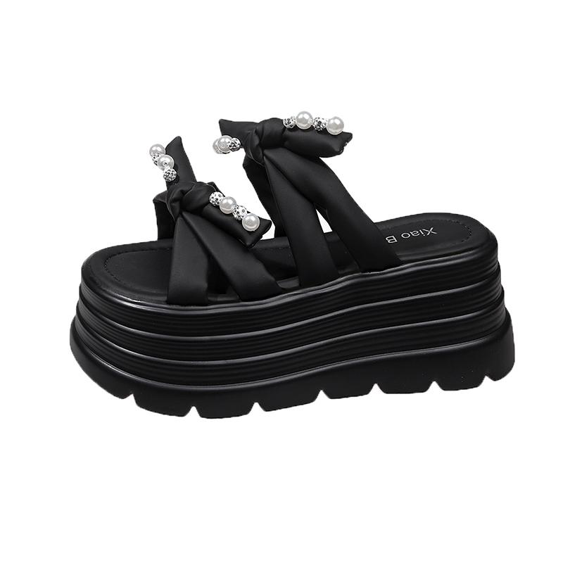 

8CM Heels Chunky Slippers for Women Open Toe High Platform Crystal Sandals Woman New Summer Thick Bottom Beach Bead Flip Flops 34