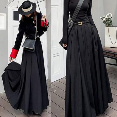 Women Summer Skirt Waist A-Line Large Hem Skirt with Pockets Elastic High Long Pleated Skirt Streetwear