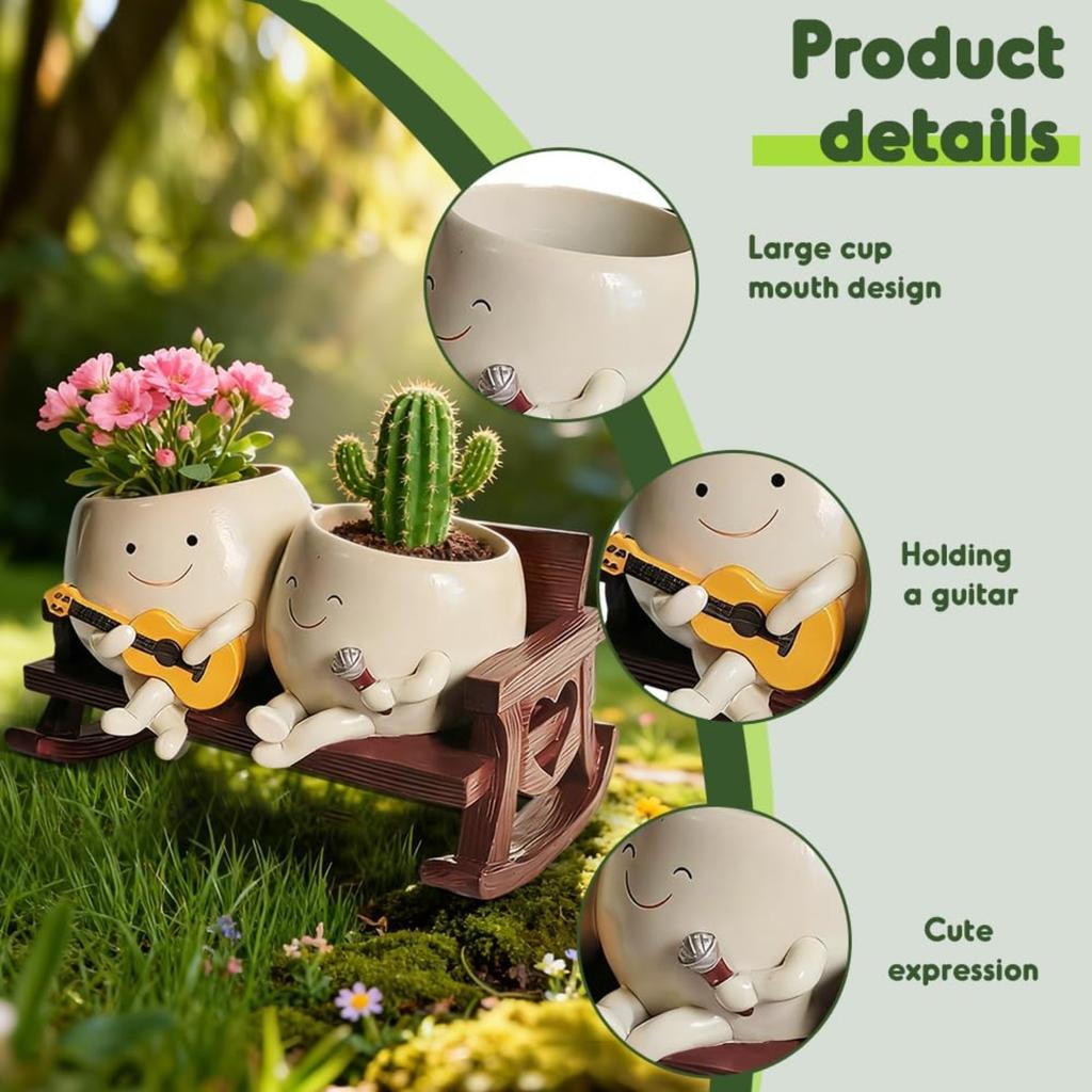Vaso Faccina Sorridente, Carini Vasi Piante a Dondolo - Doppelspieler Singen, Divertente Vaso Testa Fiore in Resina con Foro di Drenaggio, Interno ed Esterno