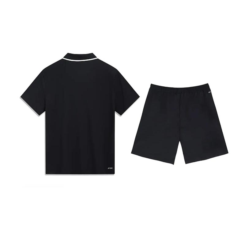 Li-Ning Plain Simple Breathable Comfortable Quick-Dry Versatile Short Sleeve Polo Shirt Casual Sports Set Unisex polo shirts Black YPLU043-2+YKSV147-2