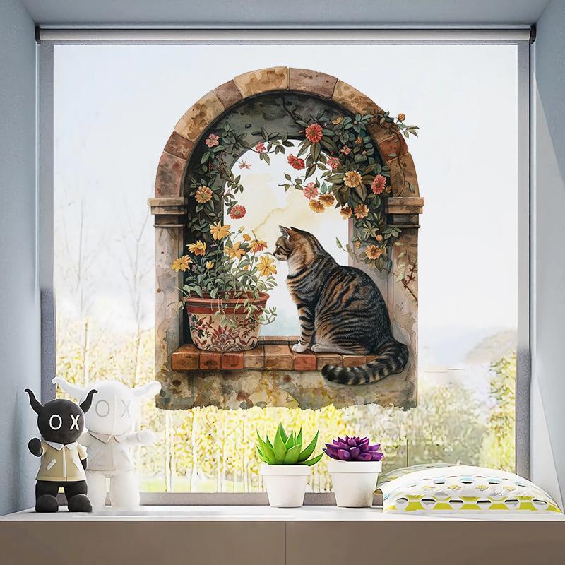 Forest-style Bedroom Sofa Wall Stickers: Window, Plants, Flowers, Cat Mural Decoration