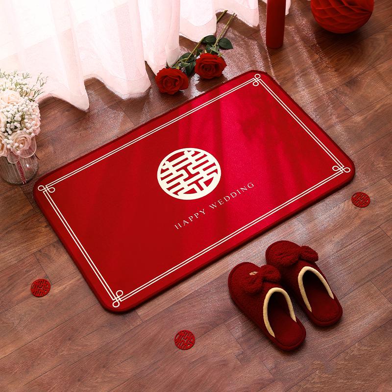 Red Crystal Velvet Non-slip Wedding Bedside Rug - Festive Bedroom Decor