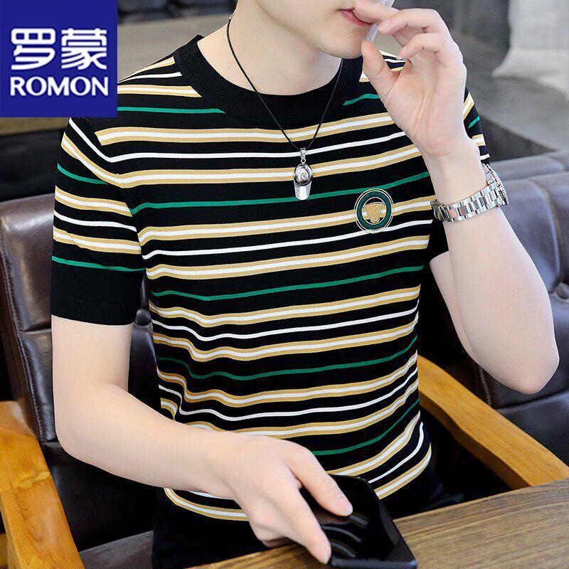 Romon Men s Striped Embroidery Crew Neck T-Shirt XL