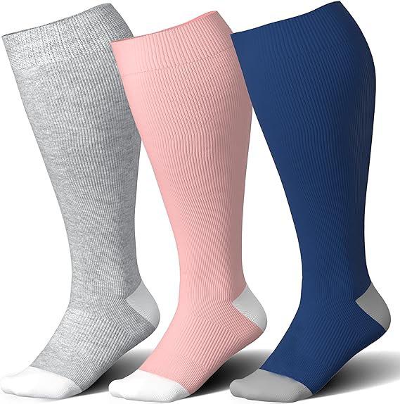 Three Pairs Wide-Calf Compression Socks: Plus Size Knee-High Support for Men & Women, Odor-Resistant Sports Socks
