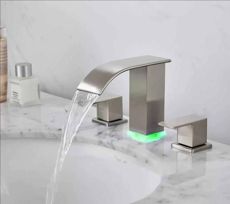 LED Waterfall Bathroom 3 holes Basin Faucet, 2 Handles Cold Hot Water Mixers Sink Tap RGB Color Change Powered by Water Flow