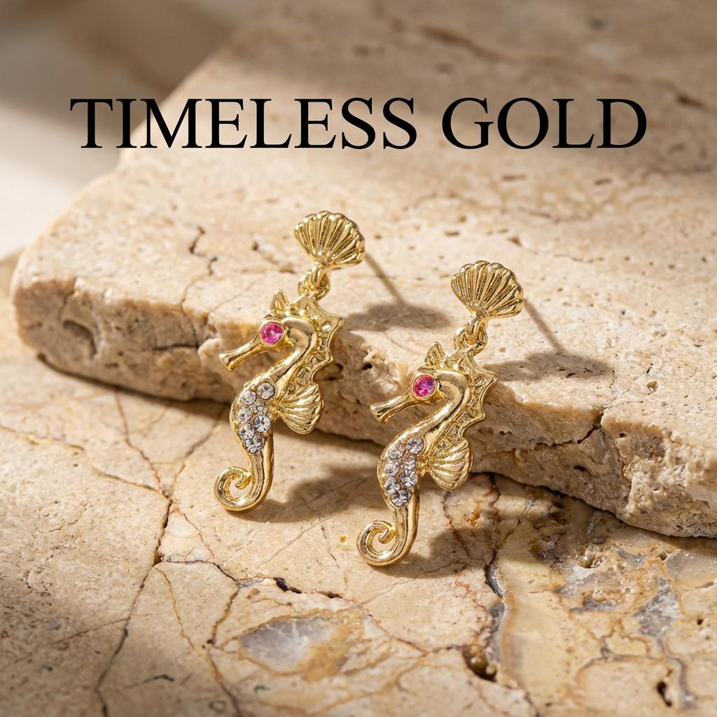 Elegant Pink Clear Rhinestones Seahorse Drop Earrings for Women Gold Color Shell Studs Nautical Ocean Theme Jewelry Summer Gift
