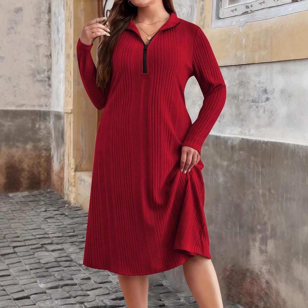 2025 Autumn/Winter European Plus Size Women's Round Neck Zippered Striped Dress