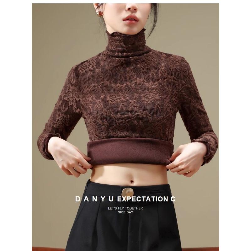 

Однотонное кружевное повседневное полуводолазка кружевное базовое боди с длинным рукавом L коричневый