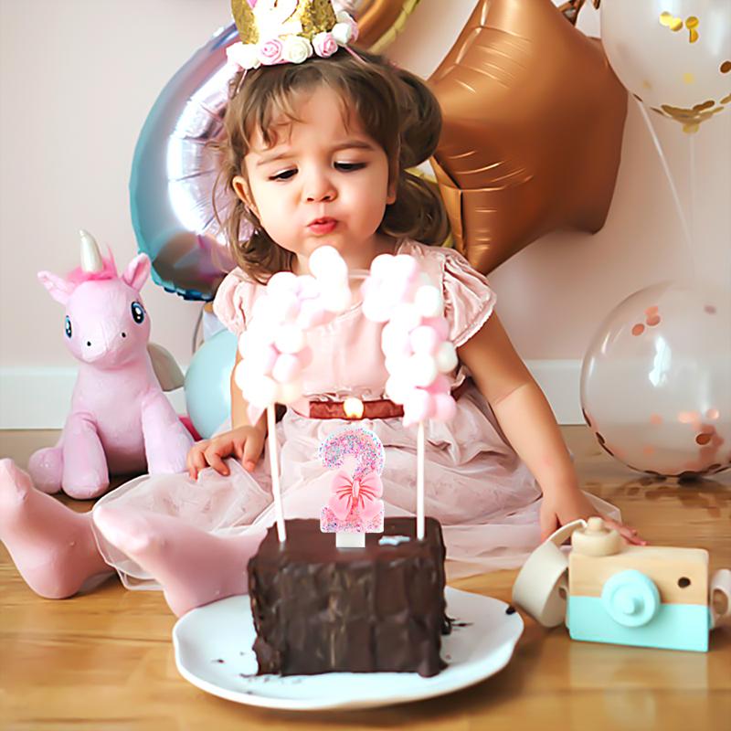 3D Number Cake Decorating Candles Cute Pink Bow Baby Girl Birthday Cake Topper Decor Wedding Party Supplies 0-9 Digital Candle